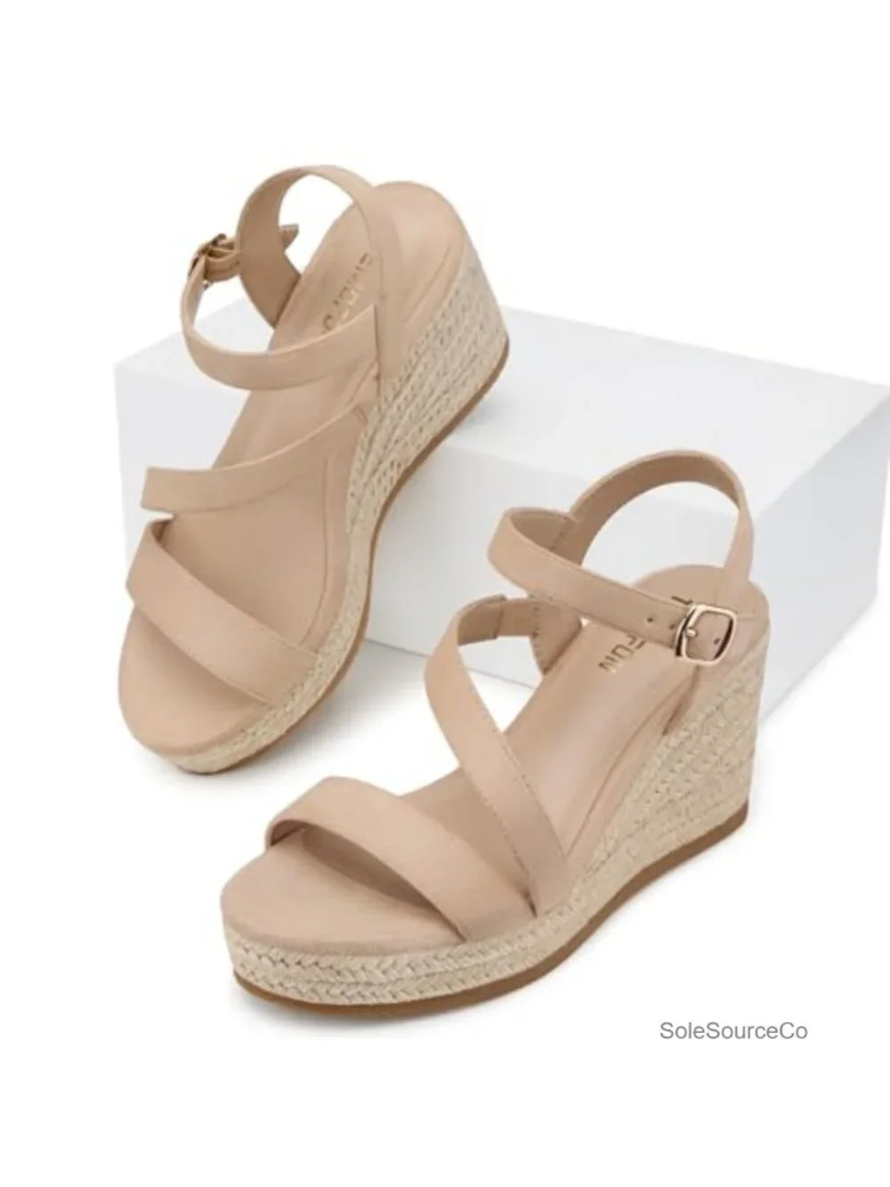 Wedge Sandals for Women 3.5 Inch Espadrille Platform PU Leather Ankle Strap